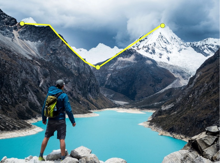 Wanderer blickt auf einen türkisfarbenen Bergsee mit schneebedeckten Gipfeln